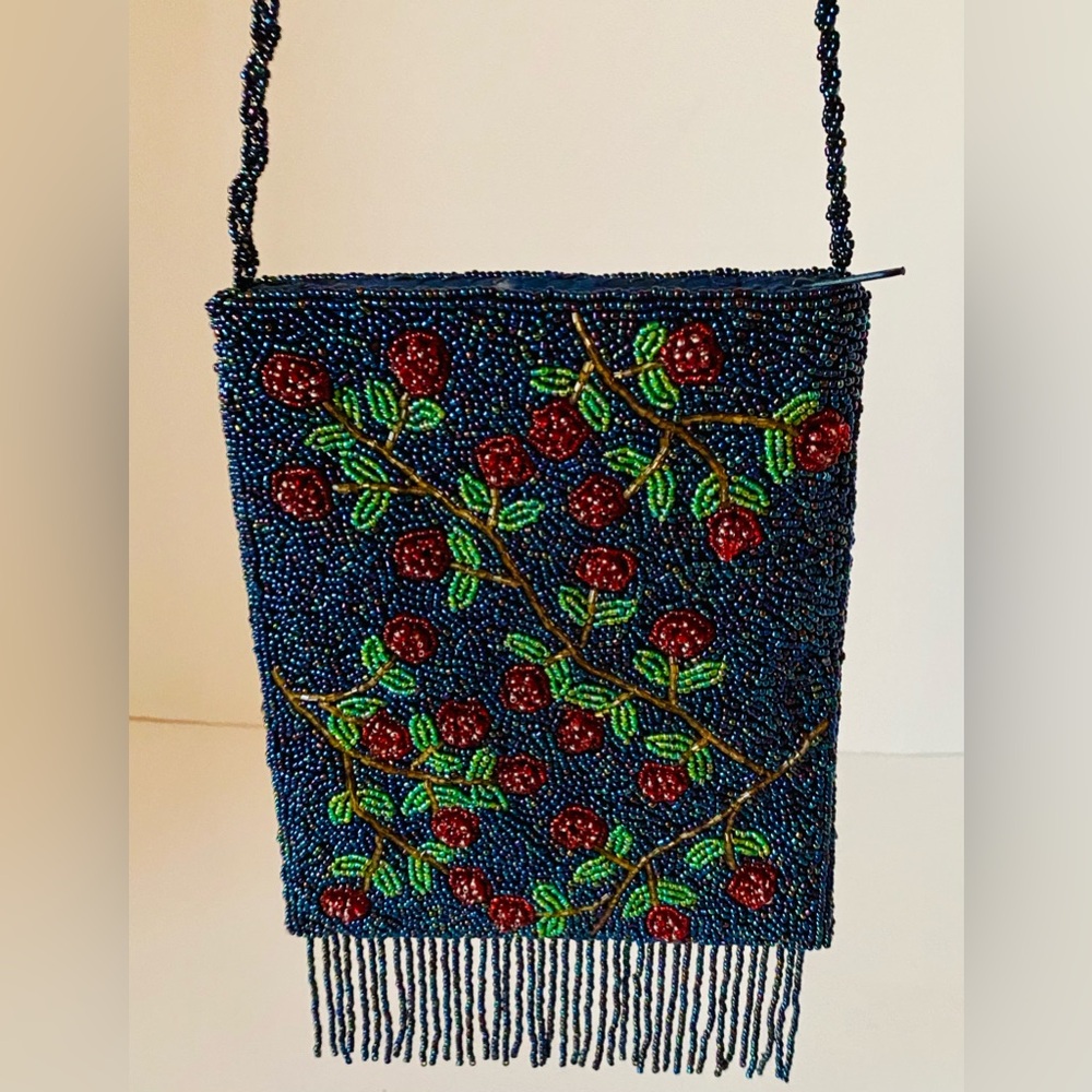 Ermo Beaded Purse Bag Of Blue Red & Green With Flowers Colorful Beaded Strap